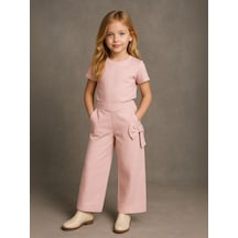 Zekids Kız Çocuk Fiyonk Detaylı Geniş Paça Pantolon-16153 Pudra