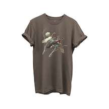 Uçan Yaban Ördekleri Çizim Baskılı %100 Pamuk Regular Fit Bisiklet Yaka Unisex T-shirt Kahverengi