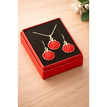 İstiridye - 770 - Mineli Kutulu Kolye - Shophnrl - Set Kırmızı