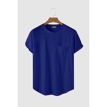Erkek Mavi Bisiklet Yaka Oval Kesim Cepli Basic T-shirt Mavi