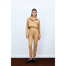 Sateen Yüksek Bel Deri Pantolon - Bej-135288 Bej