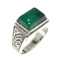 925 Ayar Gümüş Yeşil Dikdörtgen Akik Taşlı Desenli Erkek Yüzük