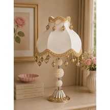 Ekru Kadife Gold İşlemeli Ponponlu Başlık İncili Gold Metal Ayaklı Klasik Model Abajur 50x30cm