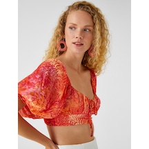 Koton Şahika Ercümen X Koton - Crop Bluz Balon Kollu Bağlama Detaylı Turuncu Desenli 2sak30154ew 2SAK30154EW2D0 Turuncu