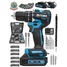 Steiner 21 V Darbeli Profesyonel Kömürsüz Motor Metal Şanzıman Çift Akülü Şarjlı Vidalama Matkap 84 Parça Mavi