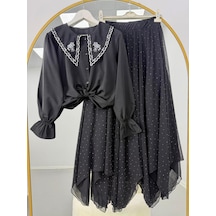Lovie Moda Kadın Nakışlı Bebe Yaka Taş Detaylı Etekli Takım - Siyah