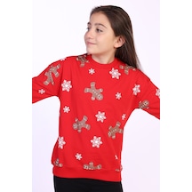 Toontoy Kız Çocuk Kar Taneli Kurabiye Baskılı Sweatshirt Kırmızı