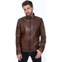 Hakiki Kuzu Derisi Kahverengi Dik Yaka Bern Erkek Deri Ceket Kahverengi