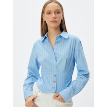 Koton Crop Gömlek Poplin Klasik Yaka Düğmeli Uzun Kollu Slim Fit Mavi Çizgili 5wal60074ıw Mavi Çizgili