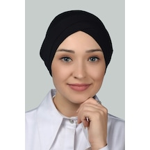 Altobeh Dört Bantlı Çapraz Dış Tesettür Bonesi Hazır Türban Penye -SİYAH Siyah