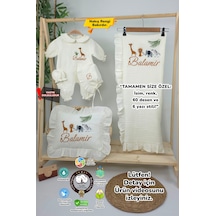Gros Shop Müslin Yeni Doğan 4katlı Organik %100pamuk Kişiye Özgü Nakışlı Hastane Çıkış Seti-safari Model Ekru-1