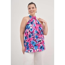 Myline Halter Yakalı Desenli Bluz-1802 Pembe