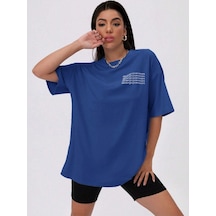 Alfabe T-shirt - Saks Mavisi Baskılı Oversize Bisiklet Yaka Kısa Kol Lacivert Alfabe T-shirt - Saks Mavisi Baskılı Oversize Bisiklet Yaka Kısa Kol Lacivert
