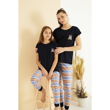 Siyah İnci Pamuklu Bisiklet Yaka Örme Pijama Takım25107135 Lacivert
