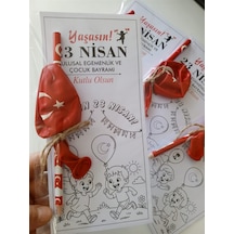 23 Nisan Boyama Kartı Türk Bayraklı Balon Ve Kalem 30 Adet Çok Renkli