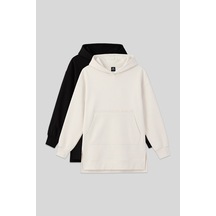 Tommylıfe Rahat Form Kapüşonlu 2li Paket Siyah-ekru Kadın Tunik Sweatshirt - 97163 Siyah - Ekru