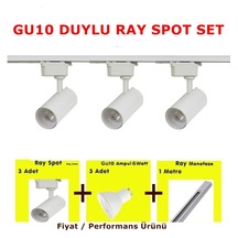 Mini Ray Spot 3'lü Set Gu-10 Duylu Beyaz Kasa Beyaz Işık 3 Spot Lamba + 1 Mt Ray + 3 Gün Işığı Gu10 Led Ampul