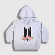 Presmono Unisex Çocuk Flowers Bts Kapüşonlu Sweatshirt Beyaz