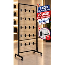 Tekerlekli Sık Telli Tel Raf - Tel Pano Stand, Duvar Askılığı-20 Adet 20 Cm Tel Pano Kanca Hediyeli 60 x 190 CM