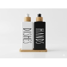 Premium Mat Siyah & Beyaz Mutfak Sabunluk Seti - Bambu Tepsili 2x450ml Bulaşık Deterjanı Ve Sıvı Sabun Pompası Hands & Dishes 12 Izgara