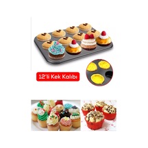 12'li Yapışmaz Muffin Cupcake Kek Kalıbı Karbon Çelik Siyah Diğer
