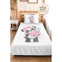 Evimde Bambaşka Panda Pembe Pastel Kız Çocuk Pike Takımı - Çiçekli Beyaz Mint Bebek Odası Yatak Örtüsü - 160x220  CM