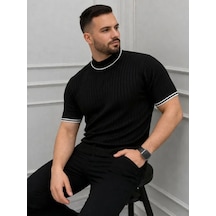 Epilons Zenda1125 Erkek Fitilli Triko Dokuma Kısa Kol Tişört Yarım Boğaz Modern Yazlık T-shirt - Siyah Zenda478