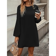 DefyModa Kadın Uzun Kollu Yuvarlak Yaka Mini Ithal Krep Elbise Siyah