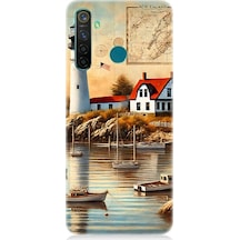 Realme 5 Pro Uyumlu Harita Yanı Deniz Feneri Desenli Silikon Kılıf Çok Renkli