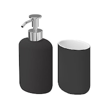 2 Li Banyo Seti Ekoln Sıvı Sabunluk Diş Fırçalık Koyu Gri Renk Stoneware Koyu Gri