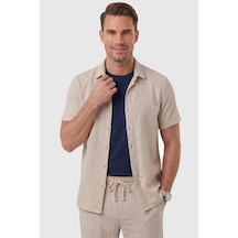 Deep Sea Deepsea Bej Slim Fit Çizgi Dokulu Keten Görünümlü Kısa Kol Erkek Spor Gömlek 2602648
