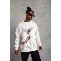 Tarzyeri Erkek Güvercin Baskılı Üç İplik Pamuklu Sweatshirt - Beyaz Beyaz