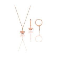 Gümüş Rose Minimal Midye Modeli Kolye Ve Küpe Seti Barcode Pembe Altın