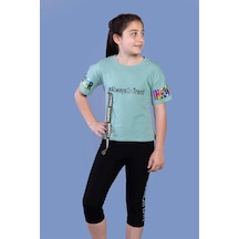 Toontoy Kids Toontoy Kız Çocuk 2'li Takım Baskılı Bisiklet Yaka T-shirt & Basic Düz Crop Tayt & Şerit Detaylı Yeşil