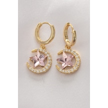 Ezoconcept Pirinç Gold Renk Pembe Zirkon Taşlı Yıldız Detay Ay Küpe Çok Renkli