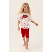 U.S. Polo Assn. U.s. Polo Assn Lisanslı Heart Pattern Kırmızı Kız Çocuk Kapri Takım 5274-43204 Krem - Kırmızı
