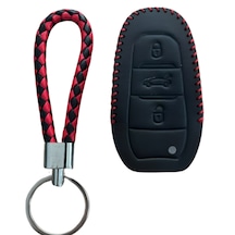 Autohan Keys Deri Anahtar Koruma Kılıfı Peugeot 308, 508, 2008, 3008, 4008, 5008, Rifter, Grandland X İçin, Siyah Kırmızı Örgülü Desen, Anahtarlık Dahil