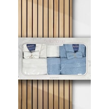 Platin Jakarlı 10 Parça Aile Bornoz Takımı Krem Mavi Çok Renkli