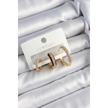 Pirinç Zirkon Taşlı Bordo Halka Model Gold Renk 3'lü Çift Ka Tdrtr