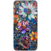 Printify Samsung Galaxy M30 İle Uyumlu Vitray Mücevher Flora Tasarımlı Şeffaf Silikon Kılıf Şeffaf