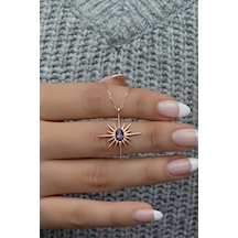 925 Ayar Gümüş Mor Taşlı Kutup Yıldızı Kolye Rose Gold
