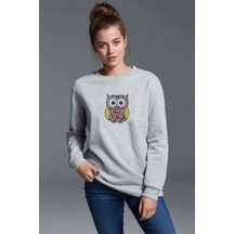 Baykuş Baskılı Gri Kadın Sweatshirt (528290431)