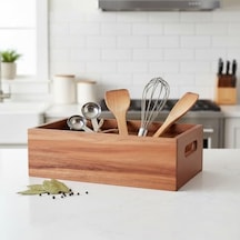 Akasya Ağacı Ekmeklik & Çok Amaçlı Organizer Kutu 25x14x8 Cm El Yapımı Doğal Ahşap Servis Tepsisi Mutfak, Banyo, Ofis Ve Ev Düzenleyici Kutu Kulplu Dekoratif Ahşap Kutu Açık Gri