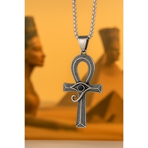 Antik Eskitme Çelik Siyah Zirkon Taş Detaylı Eye Of Horus Kolye Gümüş