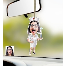 Kişiye Özel Hemşire Karikatürlü Ahşap Araba Dikiz Ayna Süsü-1