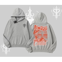 Always Chillin Kedi Arka Baskılı Kapşonlu Sweatshirt Gri