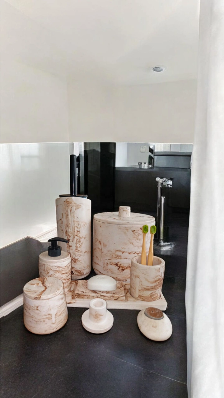 Mermer Desen Beton Banyo Seti,tuvalet Wc,çöp Kova,sabunluk ,diş Fırçalığı,tepsi,aksesuar,dekorasyon Bej Mermer Desen Beton Banyo Seti,tuvalet Wc,çöp Kova,sabunluk ,diş Fırçalığı,tepsi,aksesuar,dekorasyon Bej