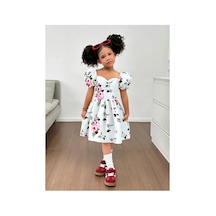 Miço Kids Kalp Yaka Çiçek Desenli Puf Kollu Elbise Beyaz