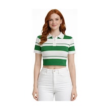 Neden Tekstil Çizgili Polo Yaka Düğmeli Triko Crop Bluz - Yeşil