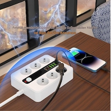 6'lı Grup Priz 4xusb 2xtype-c Çıkışlı Isıya Dayanıklı Power Tuşlu 2 Mt Kablolu Priz Çoğaltıcı 2 M
